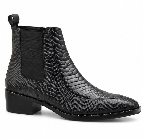 BLACK SNAKE PRINT LEATHER POINTED TOE CHELSEA ANKLE BOOTS FOR MEN