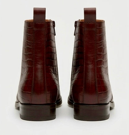 MEN’S PREMIUM CROCODILE EMBOSSED BROWN CHELSEA BOOTS – LUXURY LEATHER ANKLE BOOTS