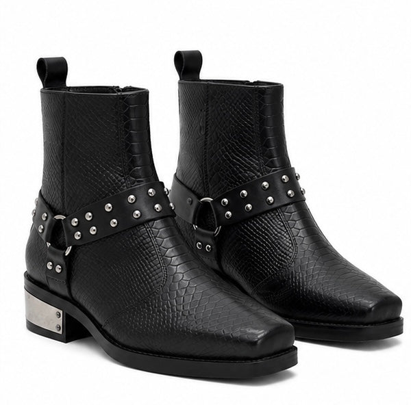 BLACK SNAKE TEXTURED STUDDED ANKLE BOOTS
