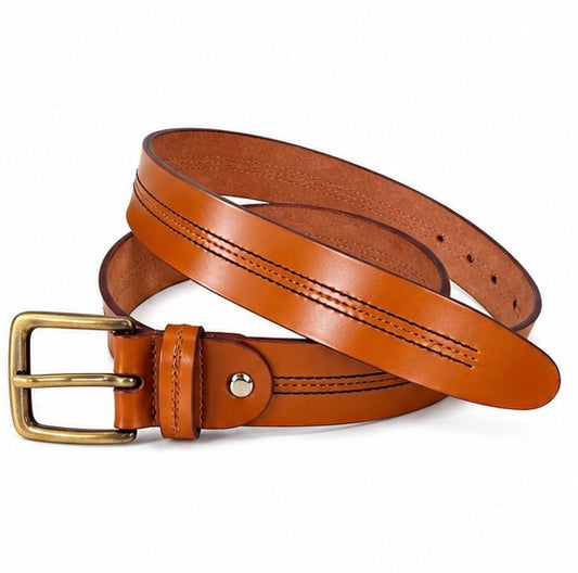 TAN ORANGE LEATHER BELT WITH DOUBLE STITCHING