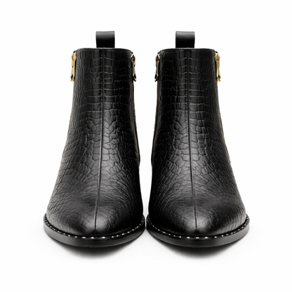 BLACK CROC-EMBOSSED ANKLE BOOTS WITH GOLD ZIP