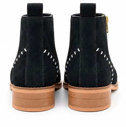 BLACK SUEDE LEATHER ANKLE BOOTS WITH CONTRAST STITCHING & WOODEN HEEL