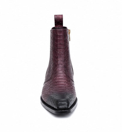 BURGUNDY SNAKESKIN CHELSEA BOOTS WITH BLACK TOE FADE