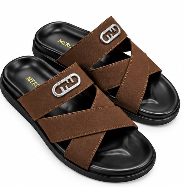 MEN’S CROSS-STRAP SLIDES – COFFEE