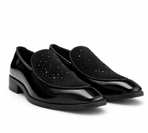 MEN'S PREMIUM BLACK PATENT LEATHER DESIGNER LOAFER SHOES WITH TEXTURED UPPER