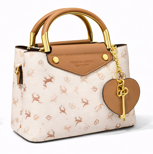 ELEGANT DEER PRINT TOP HANDLE HANDBAG WITH HEART CHARM