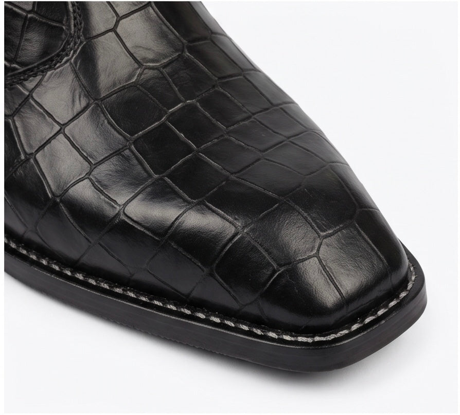 PREMIUM BLACK CROCODILE-EMBOSSED LEATHER SQUARE-TOE CHELSEA BOOTS WITH GOLD SIDE ZIPPER