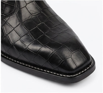 PREMIUM BLACK CROCODILE-EMBOSSED LEATHER SQUARE-TOE CHELSEA BOOTS WITH GOLD SIDE ZIPPER