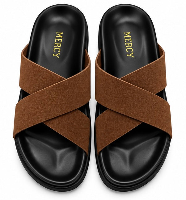 MEN’S CROSS-STRAP SLIDES – BROWN