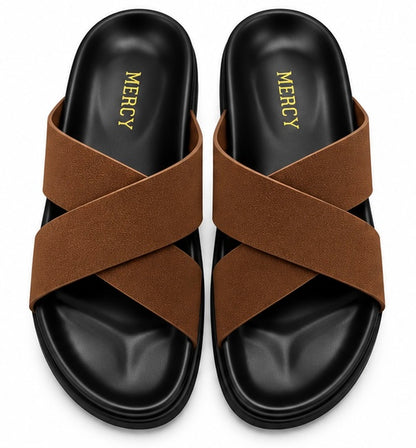 MEN’S CROSS-STRAP SLIDES – BROWN