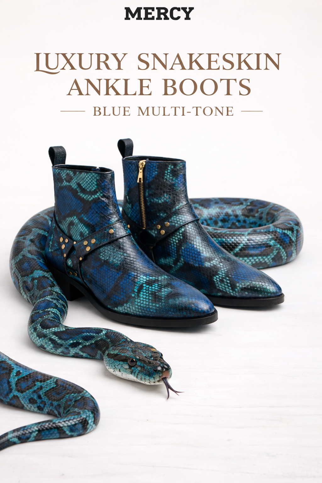 LUXURY SNAKESKIN ANKLE BOOTS – BLUE MULTI-TONE