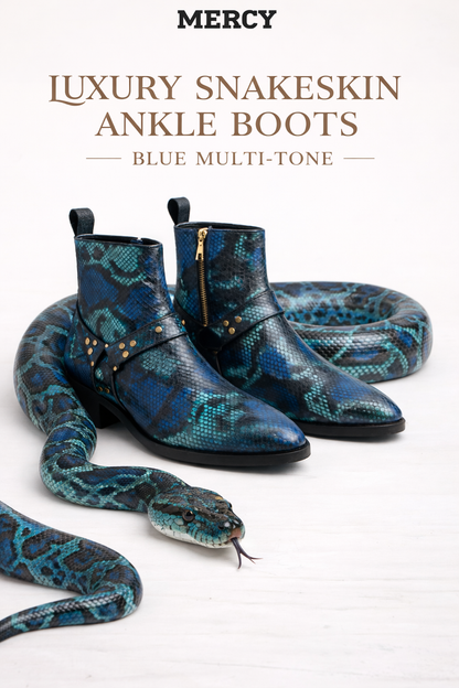 LUXURY SNAKESKIN ANKLE BOOTS – BLUE MULTI-TONE
