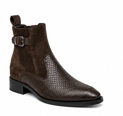 MEN’S DARK BROWN CROCODILE TEXTURE CHELSEA BOOTS – PREMIUM SIDE BUCKLE ANKLE BOOTS