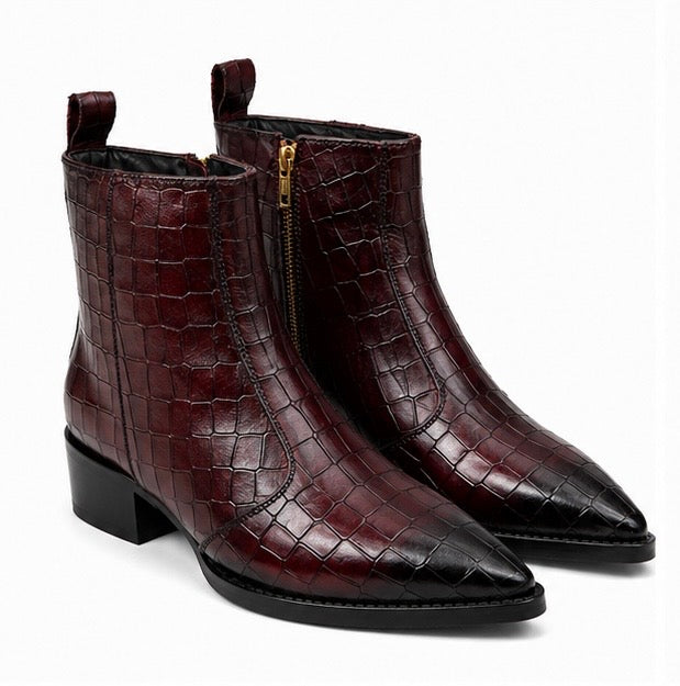 Burgundy Croc Embossed Leather Ankle Boots