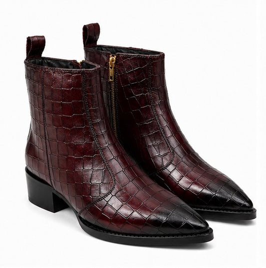 Burgundy Croc Embossed Leather Ankle Boots