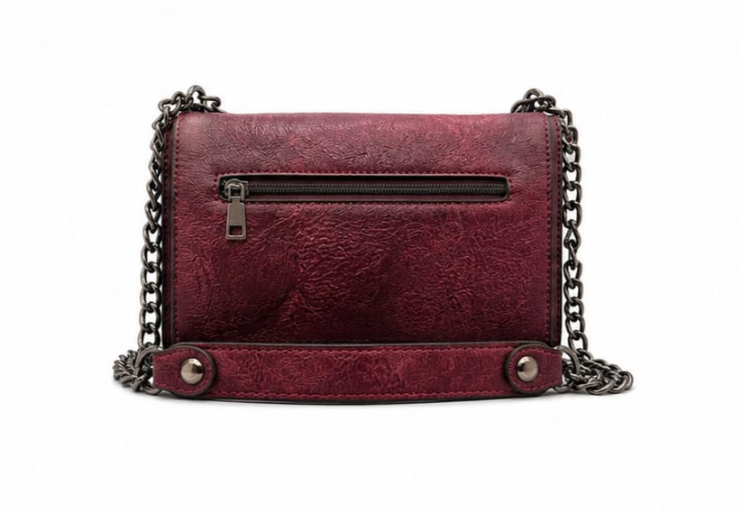 HANDCRAFTED EMBOSSED LEATHER CHAIN SHOULDER BAG MEHROON