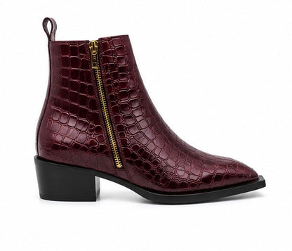 PREMIUM BURGUNDY CROCODILE EMBOSSED LEATHER ANKLE BOOTS WITH GOLD ZIPPER