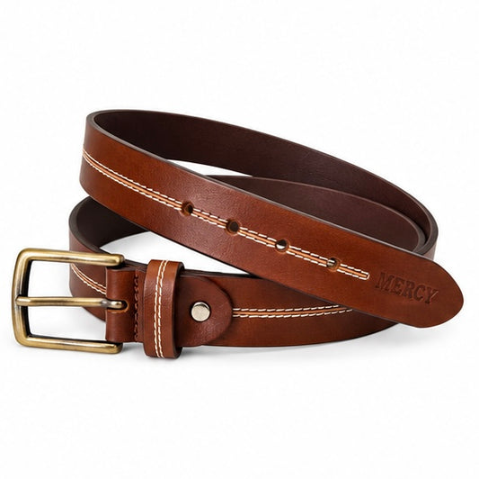 BROWN LEATHER BELT WITH GOLD BUCKLE