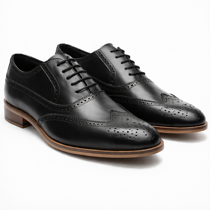 BLACK LEATHER BROGUE OXFORD SHOES (WOODEN SOLE)
