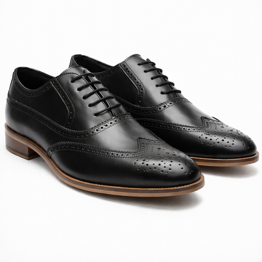 BLACK LEATHER BROGUE OXFORD SHOES (WOODEN SOLE)