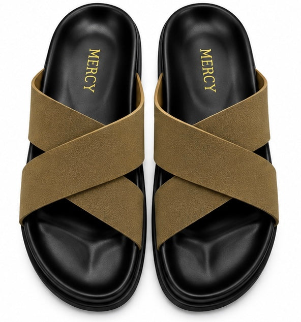 MEN’S CROSS-STRAP SLIDES – TAN