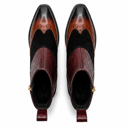 BURGUNDY EMBOSSED LEATHER WINGTIP ANKLE BOOTS