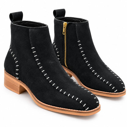 BLACK SUEDE LEATHER ANKLE BOOTS WITH CONTRAST STITCHING & WOODEN HEEL