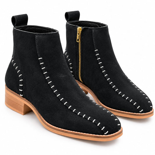 BLACK SUEDE LEATHER ANKLE BOOTS WITH CONTRAST STITCHING & WOODEN HEEL