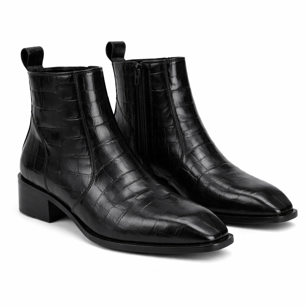 MEN’S BLACK CROCODILE TEXTURE CHELSEA BOOTS – PREMIUM LEATHER ZIPPER ANKLE