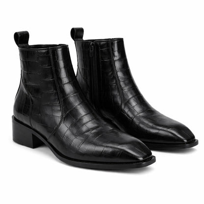 MEN’S BLACK CROCODILE TEXTURE CHELSEA BOOTS – PREMIUM LEATHER ZIPPER ANKLE