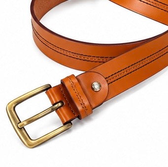 TAN ORANGE LEATHER BELT WITH DOUBLE STITCHING