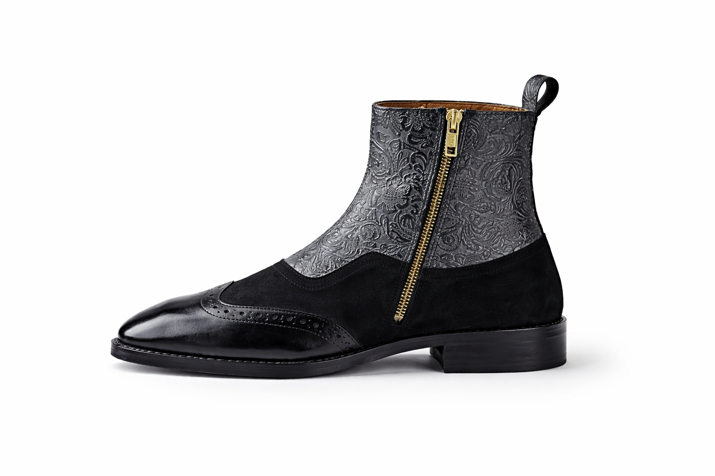 BLACK EMBOSSED LEATHER & SUEDE CHELSEA BOOTS WITH BROGUE DETAIL