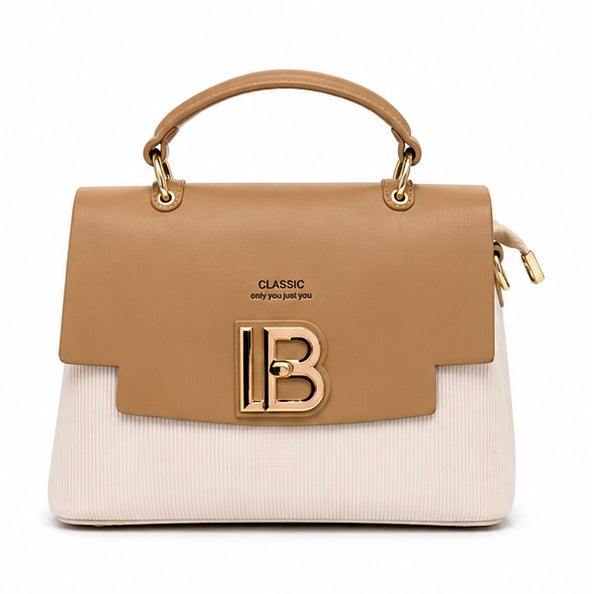 CAMEL BROWN & CREAM LB LOGO STRUCTURED HANDBAG