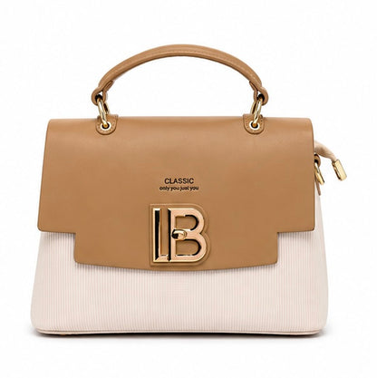 CAMEL BROWN & CREAM LB LOGO STRUCTURED HANDBAG
