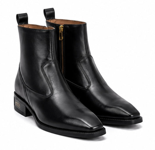 Black Premium Leather Zipper Ankle Boots