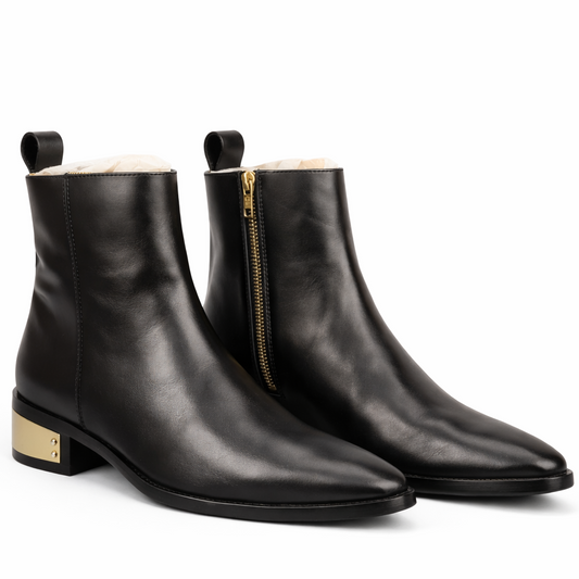 BLACK SMOOTH LEATHER ANKLE BOOTS WITH SIDE ZIPPER & GOLD HEEL DETAIL