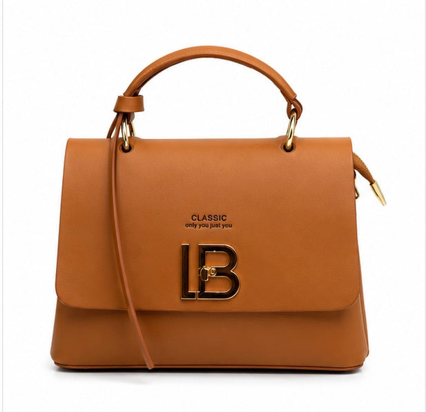 CAMEL BROWN CLASSIC STRUCTURED HANDBAG WITH LB GOLD LOGO