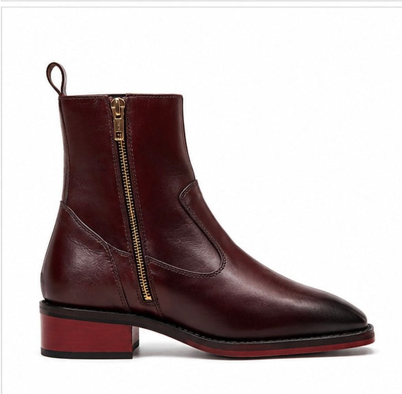 BURGUNDY LEATHER ZIPPER ANKLE BOOTS