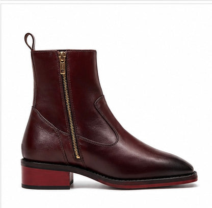 BURGUNDY LEATHER ZIPPER ANKLE BOOTS
