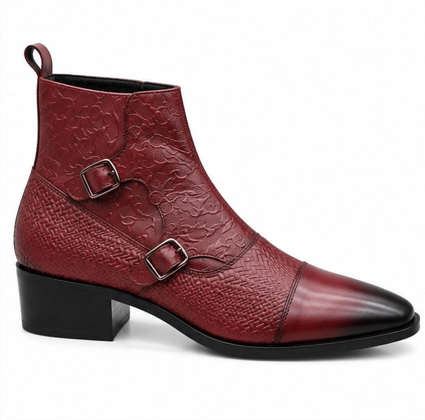 PREMIUM BURGUNDY BUCKLE DETAIL LEATHER ANKLE BOOTS