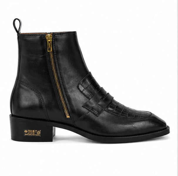 BLACK LEATHER CROCODILE PANEL ZIPPER ANKLE BOOTS