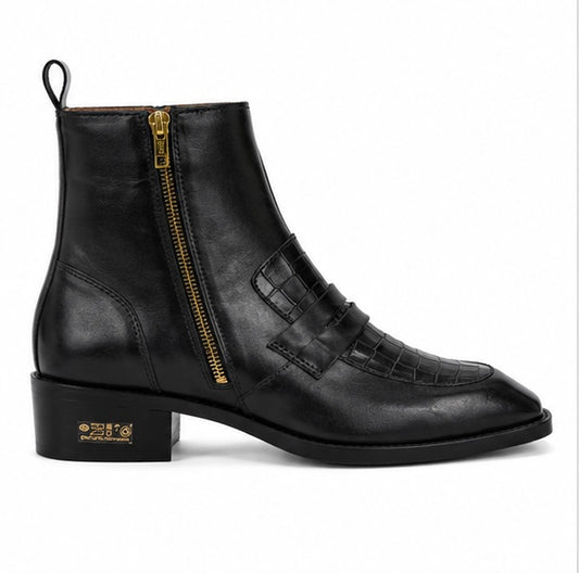 BLACK LEATHER CROCODILE PANEL ZIPPER ANKLE BOOTS