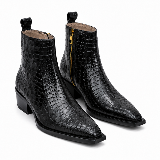 PREMIUM BLACK CROCODILE EMBOSSED LEATHER ANKLE BOOTS WITH GOLD SIDE ZIPPER