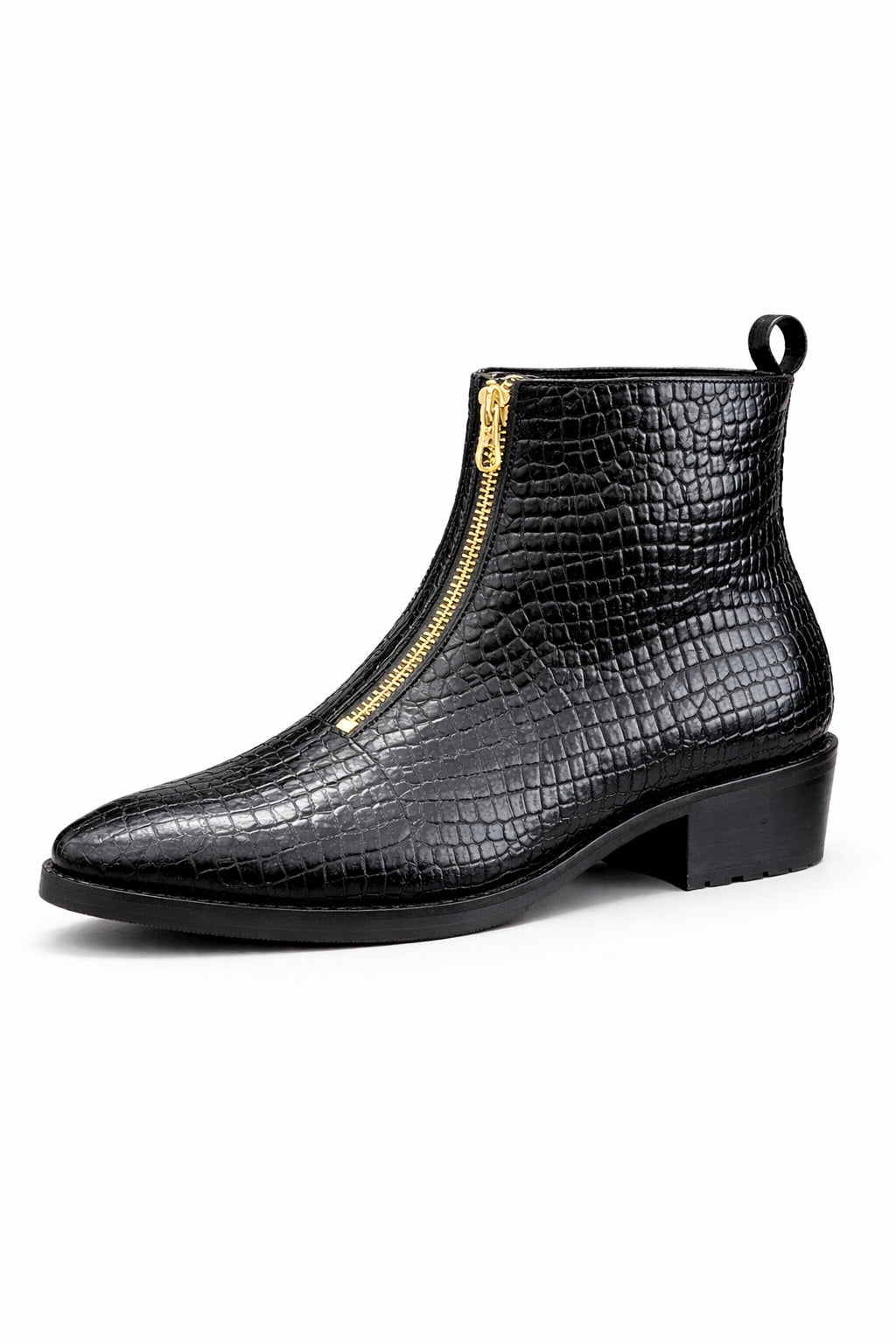 MEN’S BLACK CROCODILE TEXTURED ANKLE BOOTS WITH FRONT ZIP AND BLOCK HEEL