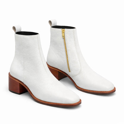 WHITE LEATHER ANKLE BOOTS WITH BLOCK HEEL – PREMIUM SIDE ZIP CASUAL & FORMAL BOOT