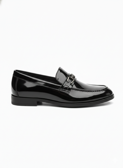 MEN’S BLACK PATENT LEATHER METAL-BIT LOAFERS