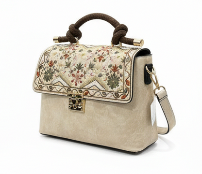LUXURY EMBROIDERED BEIGE TOP HANDLE HANDBAG FOR WOMEN