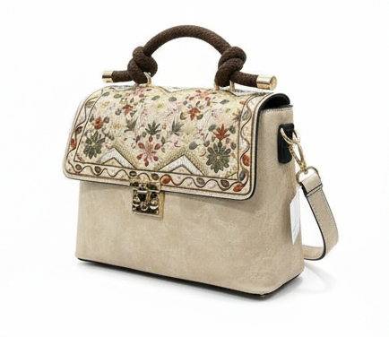 LUXURY EMBROIDERED BEIGE TOP HANDLE HANDBAG FOR WOMEN
