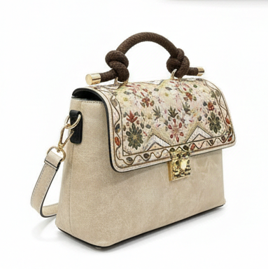 LUXURY EMBROIDERED BEIGE TOP HANDLE HANDBAG FOR WOMEN