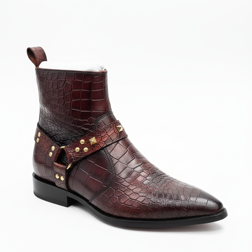 CROC-TEXTURE STUDDED HARNESS BOOTS – LUXURY EDITION